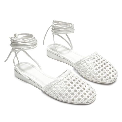 Image of Woven Ballet Flats for Women Lace Up Closed Square Toe Summer Sandals Dressy Shoes
