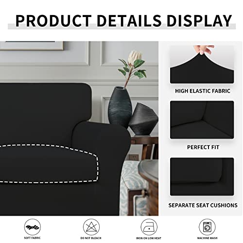 Image of Easy-Going 2 Pieces Stretch Sofa Slipcover for Armchair Washable | Spandex Soft Fitted Sofa Couch Cover for Living Room Washable Furniture Protector with Bottom Kids Pet Black