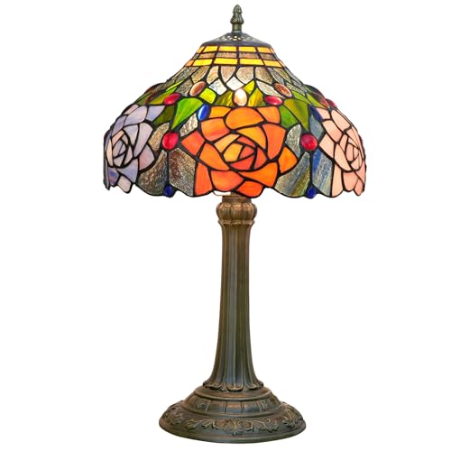 Stile Tiffany Lampada di vetro macchiato Rosso Arancione Viola Rosa Rosa Lampada da tavolo Camera da letto Comodino Scrivania Luce per Living Office Retro Cute 12 'Village Gift Nightstand Lampade