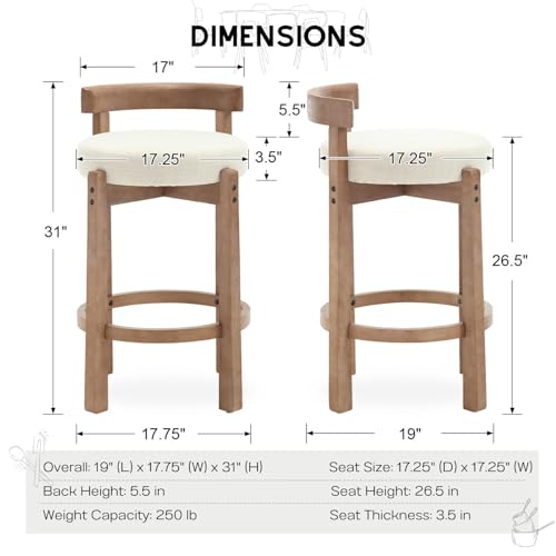Image of CIMOTA 26.5 inch Counter Height Bar Stool, Mid Century Modern Low Back Bar Chair with Solid Wood Legs & Linen Upholstered Seat, Kitchen Island Stool, Beige (Single)