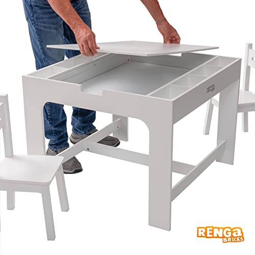 Kids 2 in 1 Play Table and 2 Chair Set with Storage, Compatible with Lego and Duplo Bricks, Activity Table Playset Furniture with Modern White Color