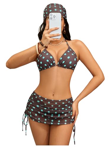 Image of RoseSeek Women's 4 Piece Polka Dots Bathing Suits Cover Up Skirt & Bandana