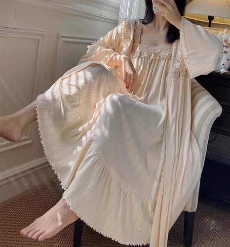 Women's Vintage Nightgown with Robe 2 Pcs Cotton Victorian Sleepwear Sexy Slip Dress Robe Set3