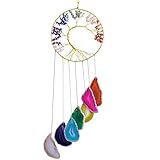 SUNYIK Tree of Life Agate Slice Wind Chime, Handmade Mixed Stone Healing Crystal Windchime for Indoor Outdoor Decoration Ornament