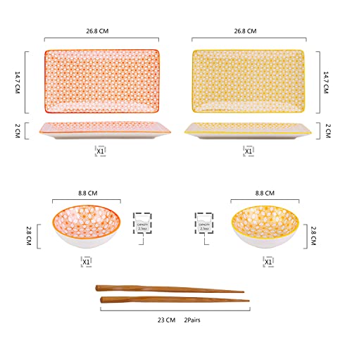 Vancasso Natsuki Porcelain Sushi Plate Set For 2, 6 Pieces Japanese Style Ceramic Yellow Orange Sushi Serving Set, Including Sushi Platters | Dip Bowls | Bamboo Chopsticks #TOP1