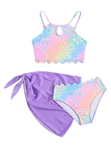 Kids Girls Shiny Halter Swim top Brief with Wrap Sarong 3 Pcs Mermaid Bikini Sets