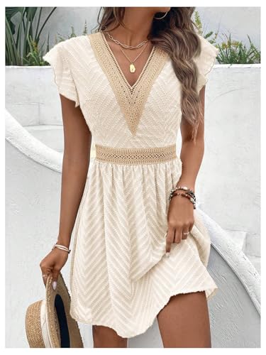 MakeMeChic Women's Contrast Lace Short Dress Ruffle Cap Sleeve V Neck Summer Boho A Line Dresses2
