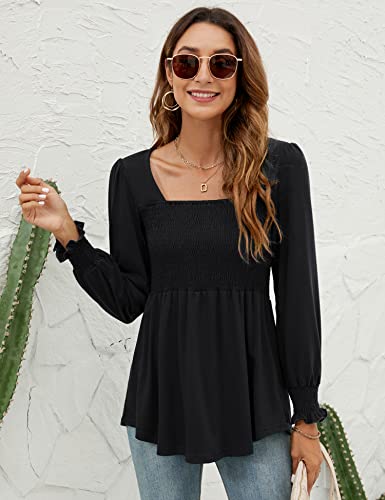 LOMON Blouses for Women Puff Long Sleeve Shirts Square Neck Casual Smocked Tunic Tops 2024 Spring Fall Winter Clothes S-XL3
