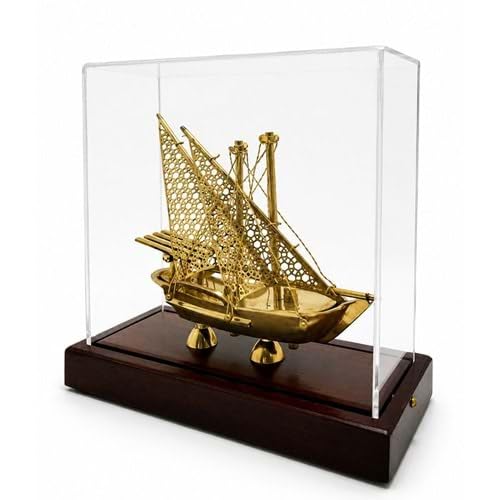 Pirinç Yelkenli Gemi Maketi Pleksi Kutulu Dekoratif Denizcilik Objesi - 21x22 cm