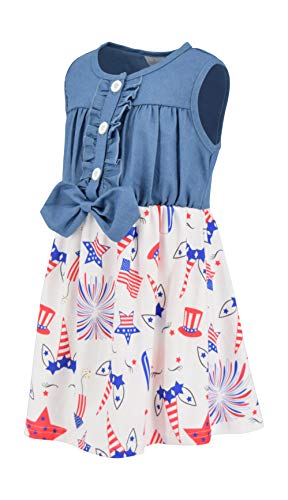 Image of Unique Baby Girls Sleeveless Denim Dress with Knot Tie and Fun Print for Toddler and Big Kids