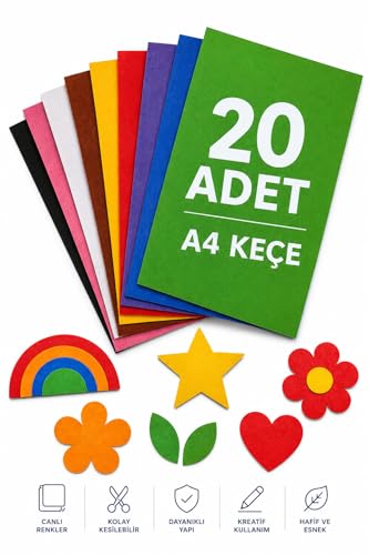Keçe Karışık Renk A4 Boyutunda., 20x30 Cm, 20 Adet