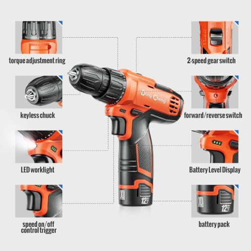 Image of DongCheng 12V Cordless Drill Machine with 2*2000mAh Battery + Fast Charger