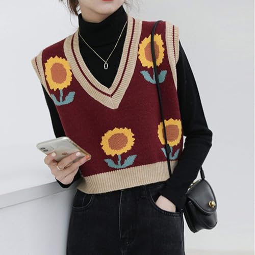 Image of Lunoakvo Women Pink Peach Flower Embroidery Knitted Sleeveless O-Neck Knitwear Sweater Vest