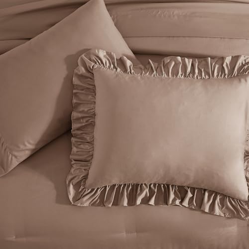 Image of Full Size Comforter Set Amber Brown Ruffle 7 Pieces Farmhouse Bed in a Bag | Shabby Chic Fluffy All Season Bedding Sets with Sheets, Pillowcases & Shams