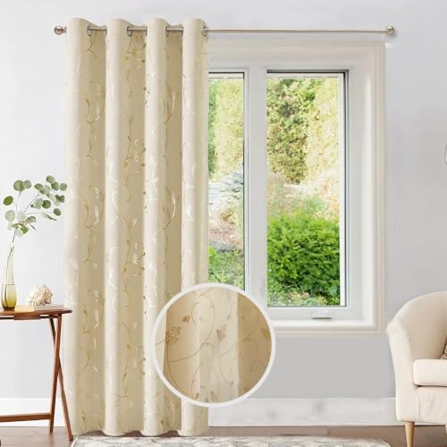 Image of Urban Space 80-85% True Blackout Curtains for Window, Gold Foil Printed Blackout Curtains, Decorative Window Curtain Eyelet with Tieback, 1 Piece Curtain for Living Room(Floral Vine Beige, 5 Feet)