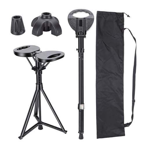 HISUEKIG Canne de Marche avec Siège, Canne Pliante Portable, Béquilles Tabouret pour Adultes, Tabouret de Repos de Voyage pour Personnes Âgées