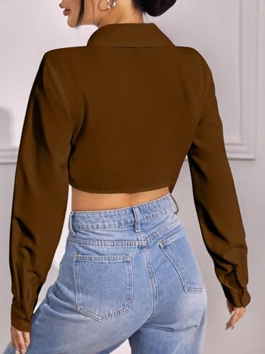 Image of GRECIILOOKS Women`s Oversized Fit Crop Top Shirt | Casual Long Sleev Stylish Collared Shirts for Womens | Comfortable Rich Korean Button Down | Formal Look Stylish Trendy Shirts