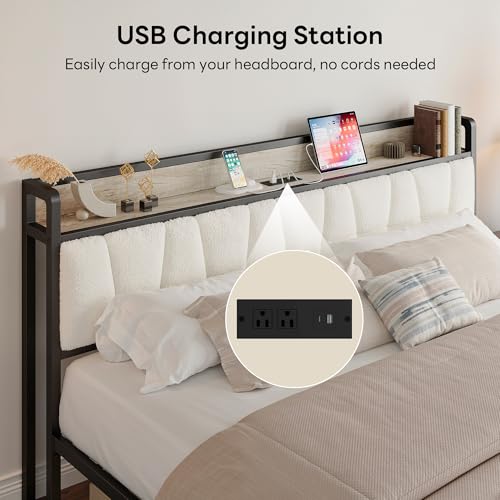 Image of LIKIMIO California King Bed Frames, Boucle Storage Headboard with Charging Station, Solid and Stable, Noise Free, No Box Spring Needed, Easy Assembly