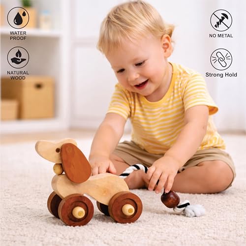 Image of Wooden Dog Pull-Along Toy for Toddlers | Natural Solid Wood | Cotton Pull String | No Metal | Eco-Friendly & Plastic-Free | Smooth Rolling Wheels | Nursery Decor Toy (1.5-4 Years)