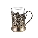 Itkcozcg Combinación de 2 vasos de té de cristal de corte ruso con soportes de cristal de metal Podstakannik para líquidos fríos o calientes Podstakannik ruso Podstakannik