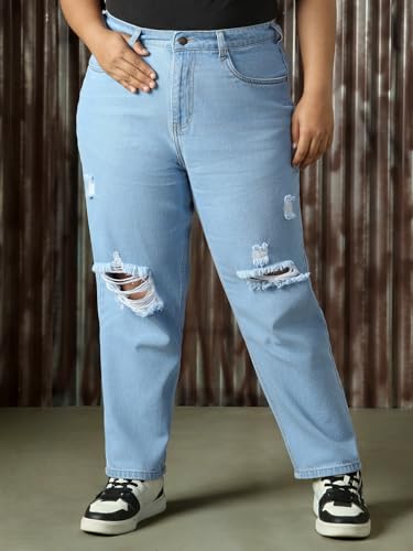 Image of High Star Plus Size Women Cotton Washed Mom Fit High-Rise Jeans