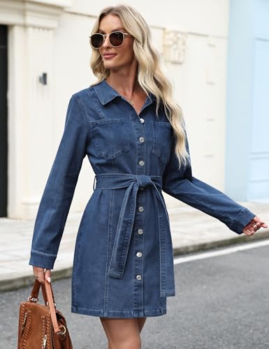 Women's Denim Dress Fall Winter Long Sleeve Jean Dress Button Down Denim Shirt Dresses with Pocket 2025 Outfits3