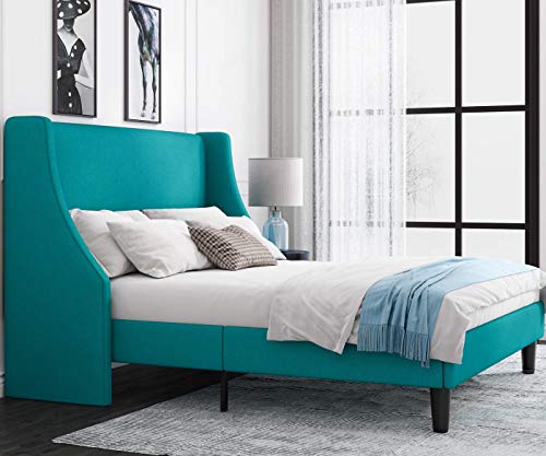 Allewie Queen Bed Frame, Platform Bed Frame Queen Size With Upholstered Headboard, Modern Deluxe Wingback, Wood Slat Support, Mattress Foundation, Peacock Green #TOP2