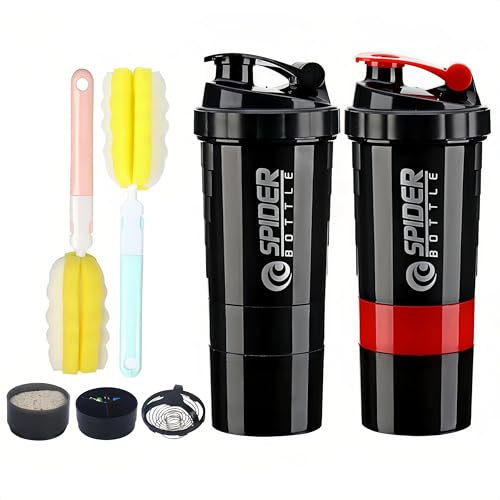 Tokaneit Lot de 2 shakers avec compartiment à poudre, shakers de fitness, shaker à protéines avec compartiment à poudre et boîte de rangement pour gym, fitness, compléments alimentaires avec 2 brosses