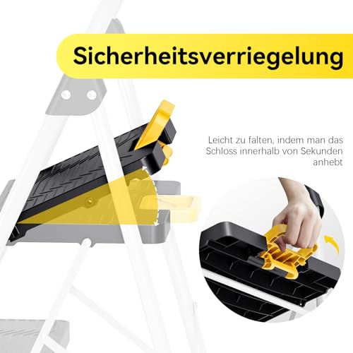 KINGRACK Trittleiter 3 Stufen, Klappleiterkapazität von 150 Kilogramm, Sicherheitsschloss, breite Antirutschpedale, Handläufe, Haushaltsleiter geeignet für Wohnküche und Büroschränke, weiß