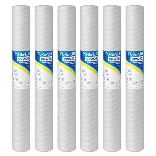 PUREPLUS 5 Micron 2.5' x 20' Whole House String Wound Sediment Filter for Well Water, Replacement Cartridge for Aqua Pure AP110-2C, Pentek P1-20/SP-P1-20/PX01-20, Watts FPMB5-20, WPP-F20-5, 6Pack