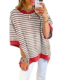 SHEWIN Shirts for Women 2026 Loose Short Sleeve Sweatshirt Cute Womens Spring Tops Casual Crewneck Color Block Tee Shirt Trendy Cute Summer Outfits,Brown Stripe,XL