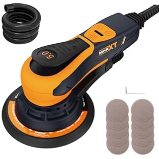 MAXXT Levigatrice rotorbitale senza spazzole 150 mm, 350W, Levigatrice orbitale da 5.0 mm con connessione a tre nuclei, Freno automatico-2s, 6 velocità regolabili e inclusi 10 fogli di carta vetrata