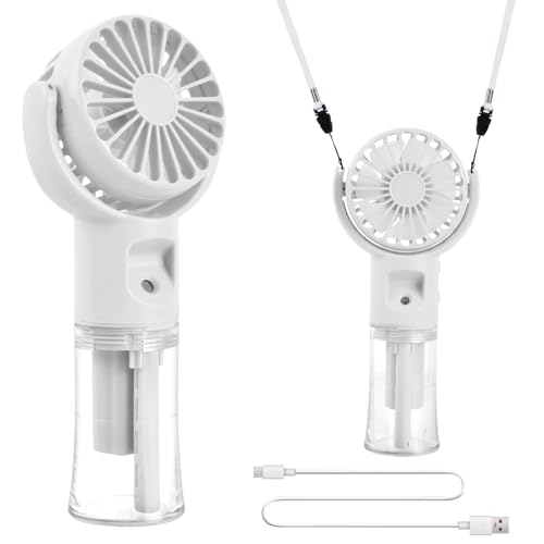Fangehong Mini Ventilador de Mano, Ventilador Portatil USB Mini, con 20ml Niebla Agua, 4 Velocidades Ajustables para Oficina Escuela Viajes (Blanco)