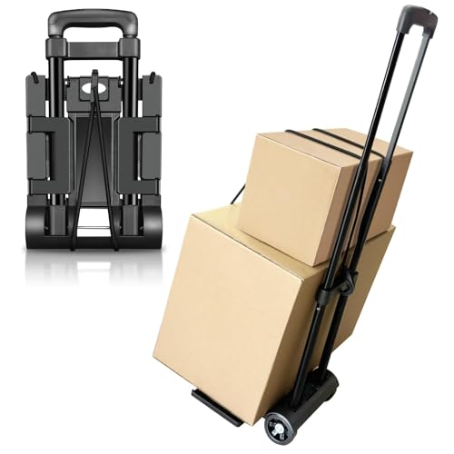 BUDOME - Folding Hand Truck, BUDOME Folding Luggage Cart, 30kg/66lbs Heavy Duty Travel Trolley Cart with 2 Wheels, Utility Platform Handcart for Travel, Office, Moving, Shopping Use, Black