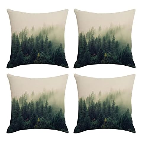Daesar Set of 4 Throw Pillow Covers, Square Cushion Covers 40x40cm 16x16 Inch Foggy Forest Pillowcase Covers for Living Room Sofa Bedroom (Green, Linen) Cover