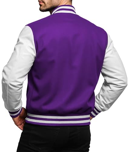 Image of Men Varsity Jacket College Baseball Letterman Wool Jacket Leather Sleeves