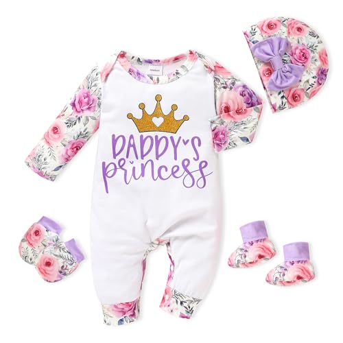 Image of Sinhoon Newborn Baby Girl Romper Infant Letter Print Bodysuit Jumpsuit+Hat+Gloves+Socks 4Pcs Coming Home Clothes Outfit