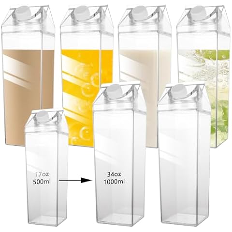 YAYODS 6 Pack Milk Carton Water Bottles 34 Oz Clear Plastic Milk Carton Container Reusable, Square Milk Bottles Plastic Milk Boxes for Water, Juice, Ice Tea, Sports, Outdoor, Travel Camping Cover
