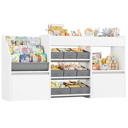 HOCSOK Kinderregal mit 8 Boxen auf Rollen, Regal Kinderzimmer mit Bücherregal, Spielzeugregal Kinderzimmer für Schlafzimmer Kindergarten, Weiß, 158x80x29.7cm