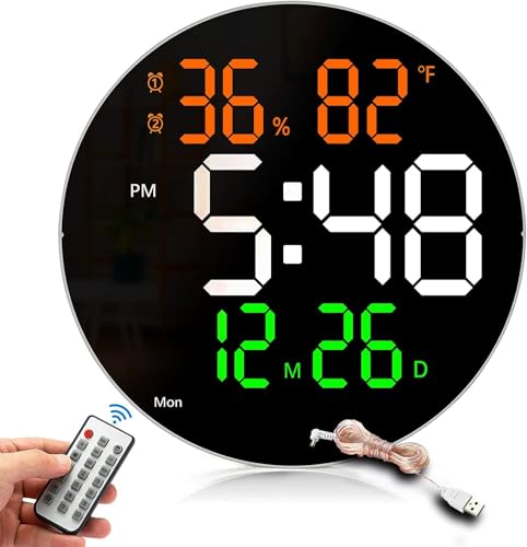 Image of 10 inch Digital Wall Clock, Digital Clock Large Display, Dual Alarms, Automatic Brightness Dimmer- Easy Track The Time, Date, Day of Week and Temperature, with Remote Control (10 inch 10 inch Round Flag)