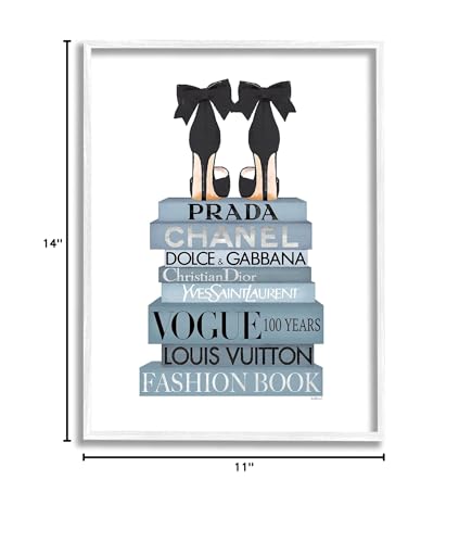 Image of 'Black Bow Shoes Tall Fashion Glam Bookstack'| Framed Giclee Art | Stupell Industries | White, 11 x 14 Inches, Easy to Hang and Sturdy, Made in USA, by Amanda Greenwood