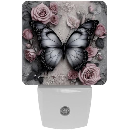 Image of NEWzone Butterfly Rose Night Light [2 Pack], Plug in Wall Led Night Lights Decor for Boys Girls Room, Dusk to Dawn Sensor Wall Lamp for Stairway /Bedroom /Kitchen /Nursery Room