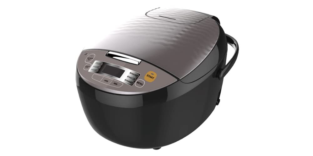 Midea MMR5018 Rice Cooker with lid, inner pot, and control panel visible.