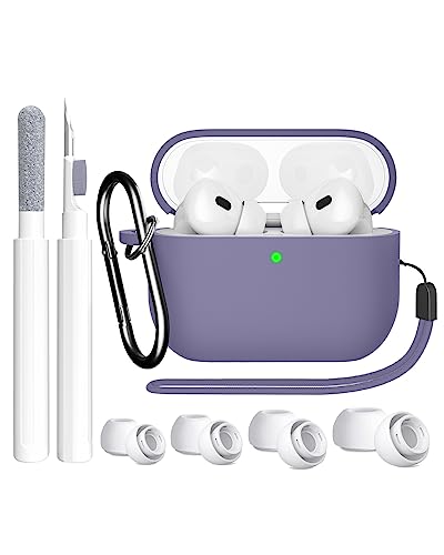 SUPFINE for AirPods Pro 2nd Generation Case(2023/2022/2019), Soft Silicone Drop Protection AirPod Pro Case Cover(USB-C/Lightning Cable) with Cleaner kit&EarTips, Front LED Visible-Light, Lavender