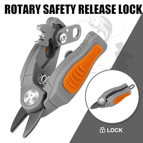 Image of Booms Fishing Line Cutter with Retractor: Mini Fishing Scissors for Braided Momo Fluoro Line - Braid Scissors Saltwater with Hook Eye Cleaner - Serrated Shears with Locking Feature, FR1 Orange