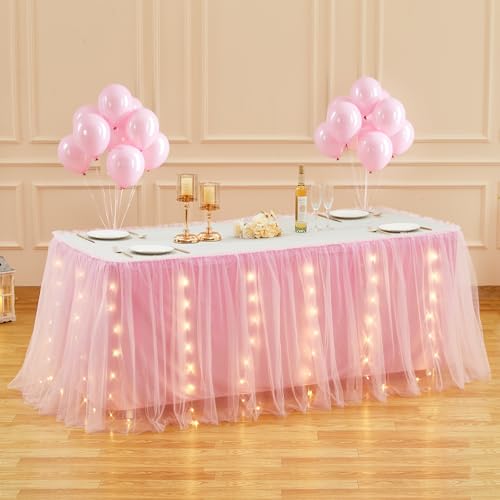 21FT Pink Tulle Table Skirt for Rectangle or Round Tables 2-Layer Ruffle Tulle Tutu Cloth Desk Table Skirt with LED Lights for Birthday Party Baby Shower Wedding Banquet Cake Dessert Decorations
