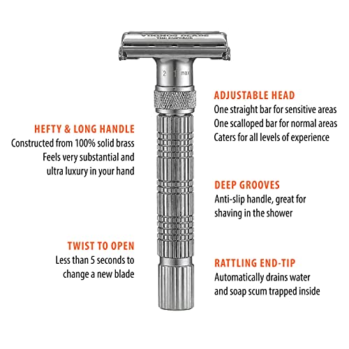 VIKINGS BLADE Adjustable Double Edge Safety Razor + Luxury Case. Smooth, Reusable, Eco-Friendly (The Emperor âFrosted Chromeâ) - Image 3