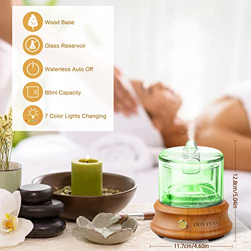 Ddvival Glass Essential Oil Diffuser, 80Ml （Plastic Free） Glass Reservoir Natural Wood Base,Waterless Auto Shut-Off ，7 Colors Lights Aroma Diffusers For Bedroom Home Room Office Yoga Spa #TOP5