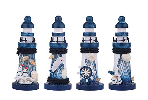 Dedoot Lighthouse Decor, 4 Pack Wooden Miniature Lighthouse Decorative Nautical Theme Handmade Wood Lighthouse Ornament 5.3" Height for Home Decor, Photo Props, Ocean Theme Party