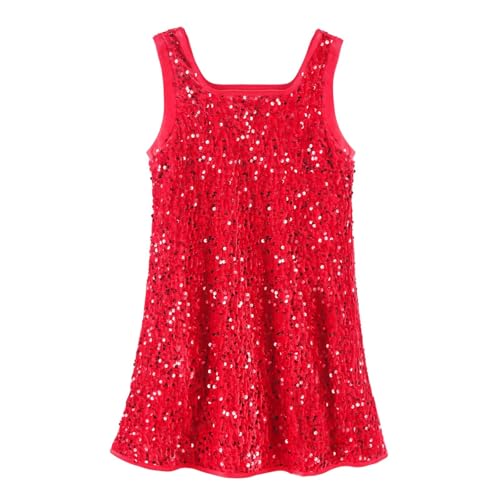 WELAKEN Girls' Sequin Dress A-Line Sleeveless Sparkly Gown Party Dresses Red